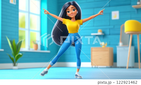 Teen Girl Practicing Dance A vibrant, modern 3D cartoon illustration. 122921462