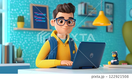 Man Learning to Code A vibrant, modern 3D cartoon illustration. 122921508