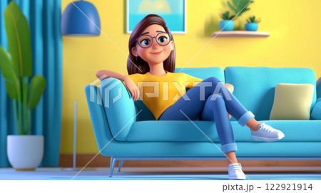 Woman Watching TV A vibrant, modern 3D cartoon illustration. 122921914