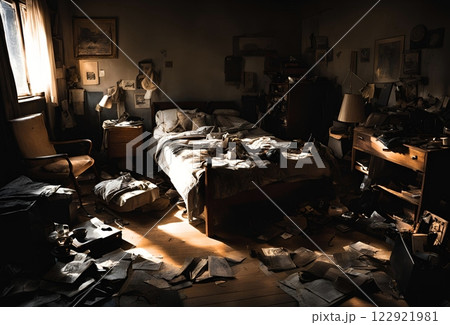 ゴミだらけで汚い無人の寝室 122921981