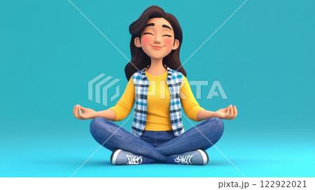 Woman Practicing Meditation A vibrant, modern 3D cartoon illustration. 122922021