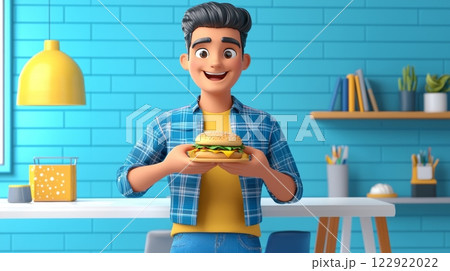 Man Eating a Sandwich A vibrant, modern 3D cartoon illustration. 122922022