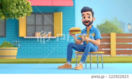 Man Eating a Sandwich A vibrant, modern 3D cartoon illustration. 122922023