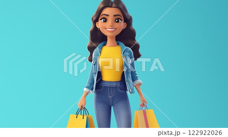 Woman Holding Shopping Bags A vibrant, modern 3D cartoon illustration. 122922026