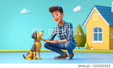 Man Feeding a Dog A vibrant, modern 3D cartoon illustration. 122922028