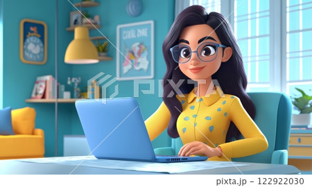 Woman Typing on a Laptop A vibrant, modern 3D cartoon illustration. 122922030