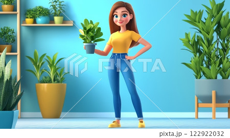 Woman Watering Plants A vibrant, modern 3D cartoon illustration. 122922032