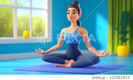 Woman Practicing Yoga A vibrant, modern 3D cartoon illustration. 122922033