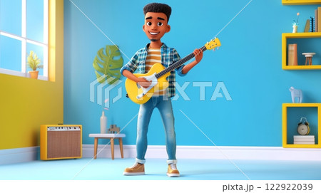 Man Playing Guitar A vibrant, modern 3D cartoon illustration. 122922039