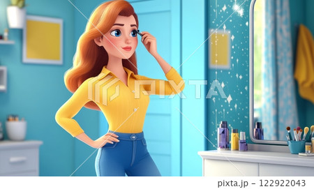 Woman Applying Makeup A vibrant, modern 3D cartoon illustration. 122922043