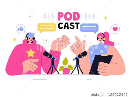Podcast Vector Illustration featuring People Using Headsets to Record Audio, a Host Interviewing a Guest, or an Online Show with a Microphone Podcast Vector Illustration featuring People Using Headsets to Record Audio, a Host Interviewing a Guest, or an Online Show with a Microphone 122922142