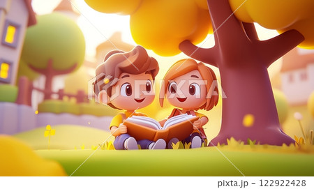 Children Reading Together Pastel colored 3D cartoon style illustration. 122922428