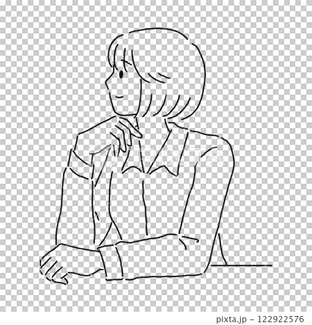 Woman resting her chin on her hand, profile, line drawing 122922576