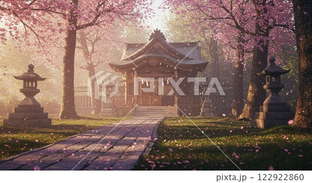 満開の桜と灯篭が並ぶ参道 122922860