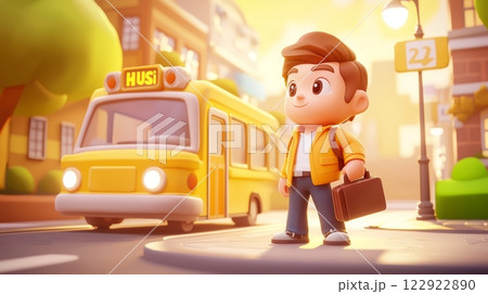 Man Waiting for a Bus Pastel colored 3D cartoon style illustration. Man Waiting for a Bus Pastel colored 3D cartoon style illustration. 122922890