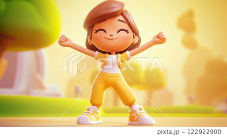 Woman Stretching Arms Pastel colored 3D cartoon style illustration. 122922900