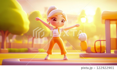 Woman Stretching Arms Pastel colored 3D cartoon style illustration. 122922901