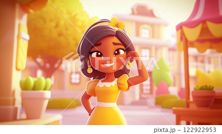 Woman Putting on Earrings Pastel colored 3D cartoon style illustration. 122922953