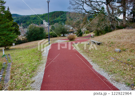公園内の歩道を新しくエンジ色に舗装し直した風景 公園内の歩道を新しくエンジ色に舗装し直した風景 122922964