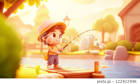 Man Fishing by a Lake Pastel colored 3D cartoon style illustration. 122922996