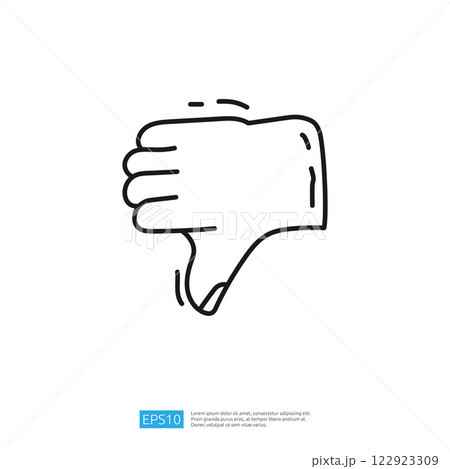A simple line drawing of a hand giving a thumbs down gesture, symbolizing disapproval or negativity. 122923309