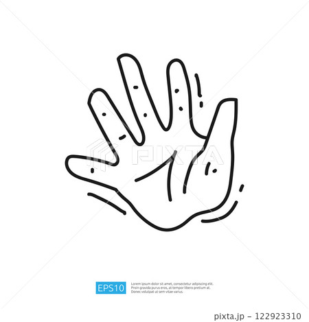 A minimalist illustration of an open hand, emphasizing gesture and communication. The design is simple, with lines representing fingers and a palm. 122923310