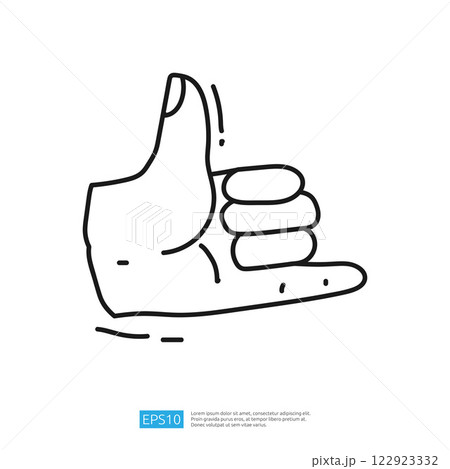 A simple line drawing of a hand making a "shaka" sign, often associated with surf culture and a friendly gesture. 122923332