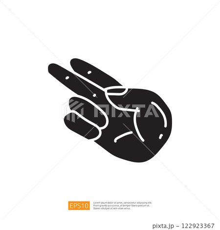 A stylized black and white illustration of a hand making a peace sign, symbolizing harmony and goodwill. 122923367