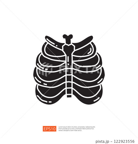 This image features a stylized black silhouette of a ribcage, commonly used in medical illustrations or educational materials related to anatomy. This image features a stylized black silhouette of a ribcage, commonly used in medical illustrations or educational materials related to anatomy. 122923556