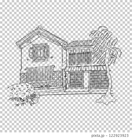 日本家屋　土蔵　柳の木　モノクロ 122923923