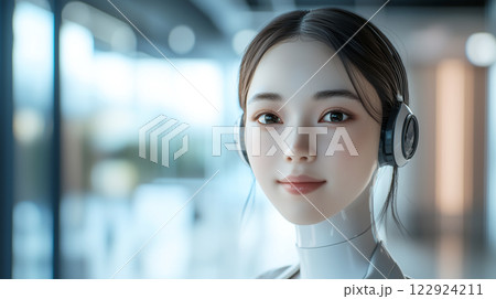 人間の女性に似せて造られた精巧なアンドロイドロボット。科学技術が発達した近未来のイメージ。 122924211