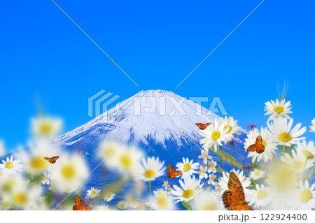 お花畑　蝶々　富士山　 122924400