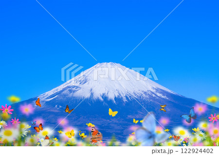 お花畑　蝶々　富士山　 122924402