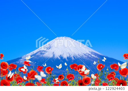 お花畑　蝶々　富士山　 122924403