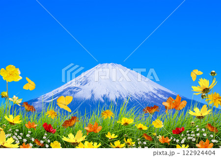 お花畑　蝶々　富士山　 122924404