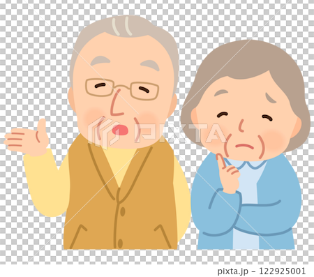 Elderly couple with thinking expressions, doubts, seniors, elderly people, late-stage elderly 122925001