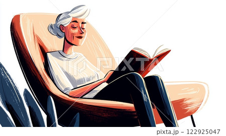 Grandmother Reading Book Modern hand-drawn flat illustration. 122925047