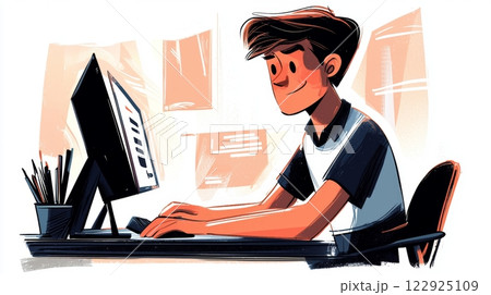 Teen Boy Practicing Coding Modern hand-drawn flat illustration. 122925109