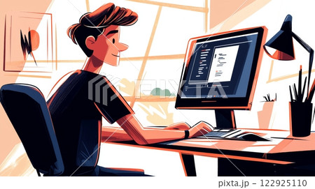 Teen Boy Practicing Coding Modern hand-drawn flat illustration. 122925110