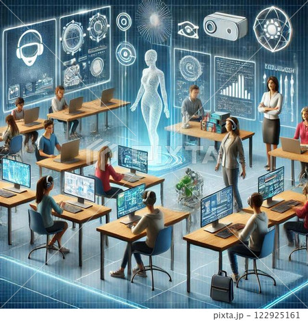 ICT教育でスマートデバイス、VR、AIを活用しているイラスト 122925161