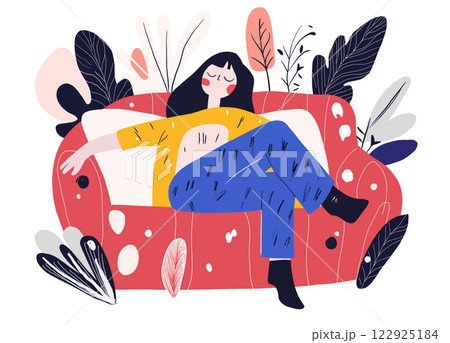 girl relaxing on colorful sofa surrounded by plants, expressing comfort and tranquility. Her casual outfit adds to cozy atmosphere girl relaxing on colorful sofa surrounded by plants, expressing comfort and tranquility. Her casual outfit adds to cozy atmosphere 122925184