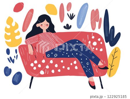 girl relaxing on colorful sofa surrounded by abstract plants and shapes, conveying sense of comfort and creativity girl relaxing on colorful sofa surrounded by abstract plants and shapes, conveying sense of comfort and creativity 122925185