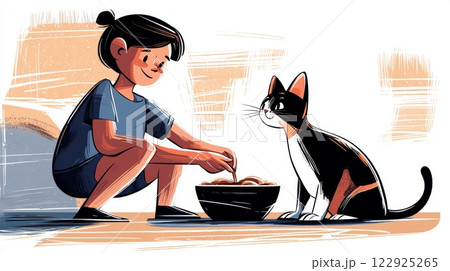 Child Feeding Pet Modern hand-drawn flat illustration. 122925265