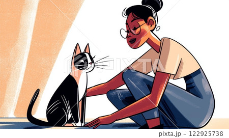 Woman Petting a Cat Modern hand-drawn flat illustration. 122925738