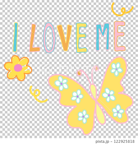 I LOVE ME letters with butterfly, flowers for font, typography, calligraphy, text, messages, alphabets, women empowerment, feminist, fridge magnet, animals, sticker, Valentine's card, fabric print	 122925818