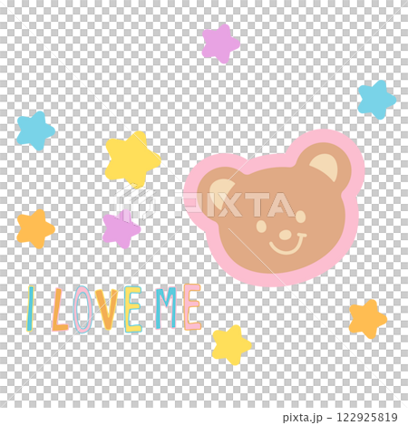 I LOVE ME letters with teddy bear, stars for font, typography, calligraphy, text, messages, alphabets, women empowerment, feminist, fridge magnet, animals, sticker, Valentine's card, fabric print	 122925819