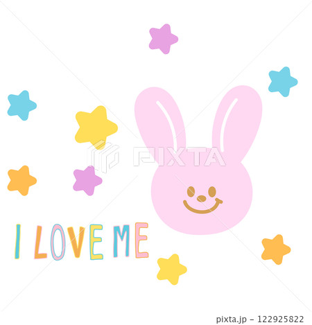 I LOVE ME letters with bunny, stars for font, typography, calligraphy, text, messages, alphabets, women empowerment, feminist, fridge magnet, animals, sticker, Valentine's card, fabric print, easter	 122925822