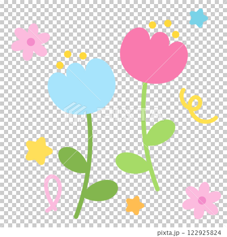 Tulip flowers with green leaves and star illustration for floral print, spring, summer, nature, garden, plants, tree, blossom, blooming, fabric print, sticker, picnic, park, house yard, environment	 122925824