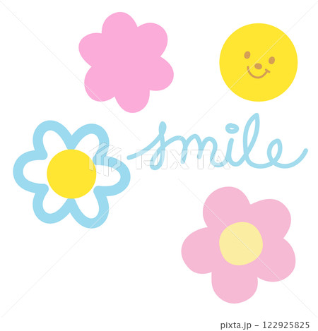 Smile letters with flowers for decoration, emoji, emoticon, expression, cute patch, brooch, badge, sticker, logo, fabric print, card, sign, symbol, cartoon character, comic, positive energy, good mood 122925825