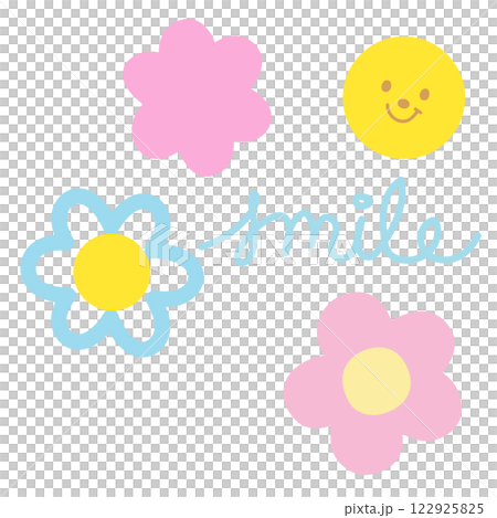 Smile letters with flowers for decoration, emoji, emoticon, expression, cute patch, brooch, badge, sticker, logo, fabric print, card, sign, symbol, cartoon character, comic, positive energy, good mood 122925825